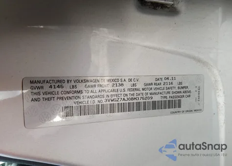 2011 Volkswagen Jetta 2.5L Sel из США, поврежденный, VIN 3VWGZ7AJ0BM375209